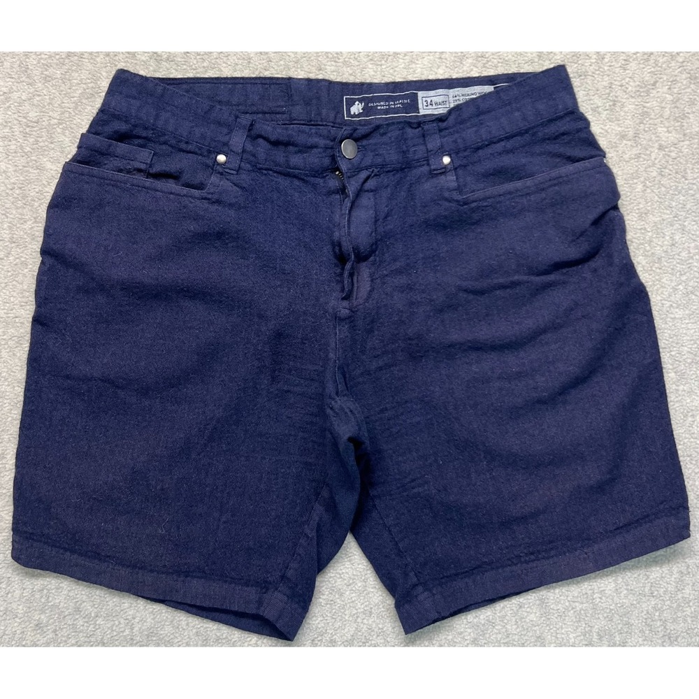 Woolly Mens Longhaul Shorts Navy Blue Merino Wool Stretch Outdoor 5 Pocket 34